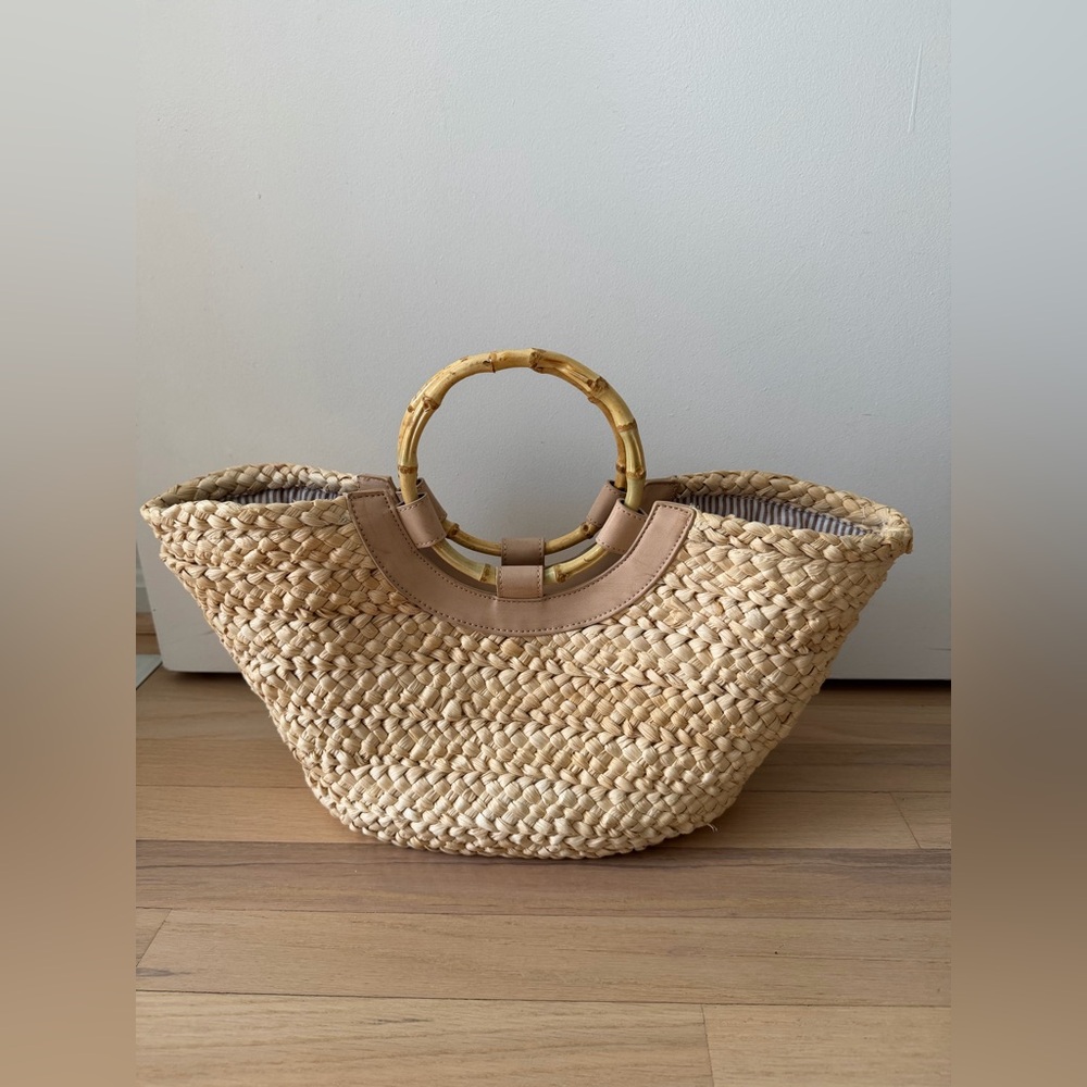 Anthropologie Natural Woven Tote with Bamboo Handles